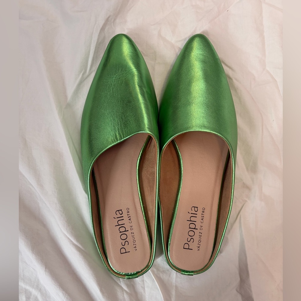 PSophia Open Back Green Leather Babouche Slipper Shoe